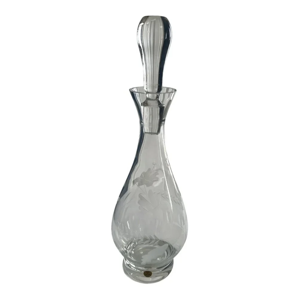 Vintage Polish Cut Crystal Glass Decanter with Stopper – Floral Etched – 14